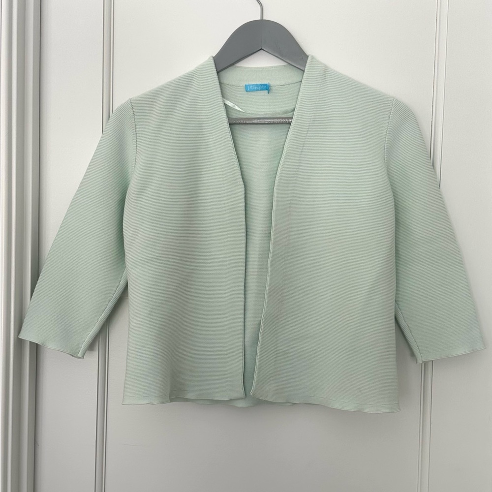 J McLaughlin Womens Sweater Cardigan M Green Mint Open Front Ribbed 3/4 Sleeves
